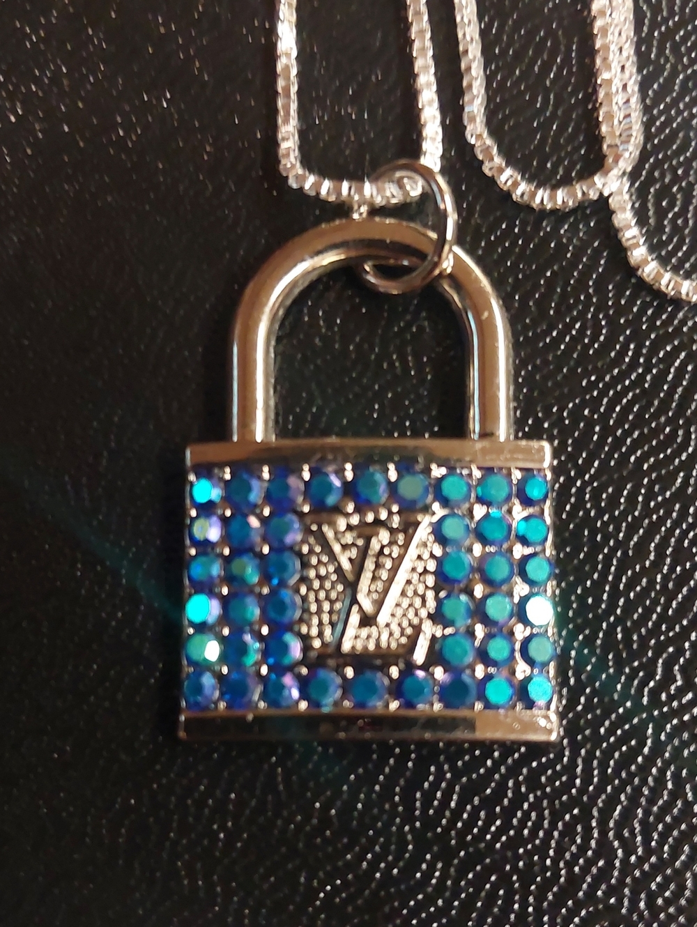 LV Silver Padlock Charm Pendant Necklace with Blue and Aqua Crystals 925 SS
